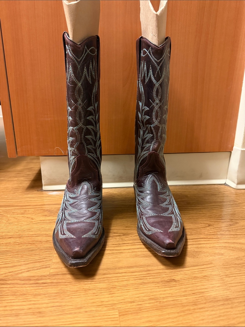 Stetson Dark Brown Leather Cowboy Boots with Teal Stitching